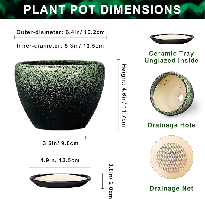 Ceramic Pots for Plants - 6 Inch Plant Pots with Drainage Hole and Saucer, Ceramic Planters for Indoor Plants, Decorative Succulent Pot, Office Decor, Gifts for Plant Lovers, Retro Green