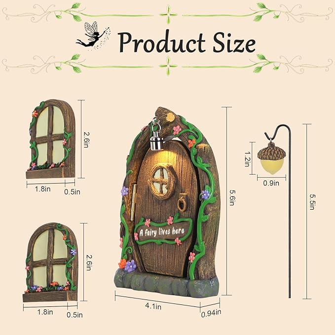 MEETYAMOR Miniature Fairy Garden Accessories, 4 PCS Glow-in-the-Dark Opening Fairy Door & Windows for Trees, Magical Yard Art Outdoor Statues, Fairy House Kit Garden Decor for Outside, Patio