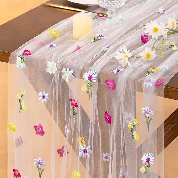 Socomi Flower Table Runner Summer Ivory White Daisy Floral Tulle Gauze Cheesecloth Embroidery Table Runners for Tea Party Garden Wedding Bridal Baby Shower Birthday Picnic Decor