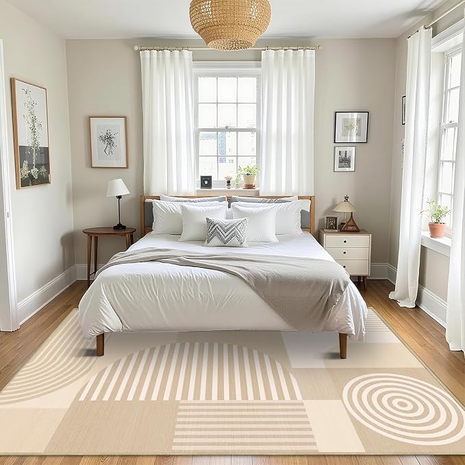 Area Rug 6x9 Living Room Beige Geometric Rug Machine Washable White Minimalist Mid Century Modern Area Rugs Non Slip Low Pile Large Dining Room Indoor Floor Carpet for Bedroom Office,Beige