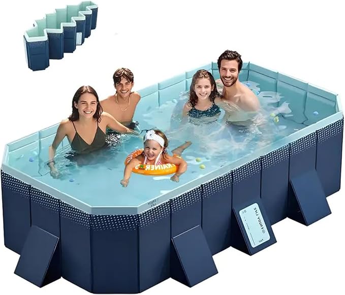 Foldable Pool, Hard Plastic Collapsible Pool, Large Non Inflatable Rectangle Pool Above Ground, Backyard Pool for Adults, Oversized Thickened, Easy Assembly (112.6 Inch)