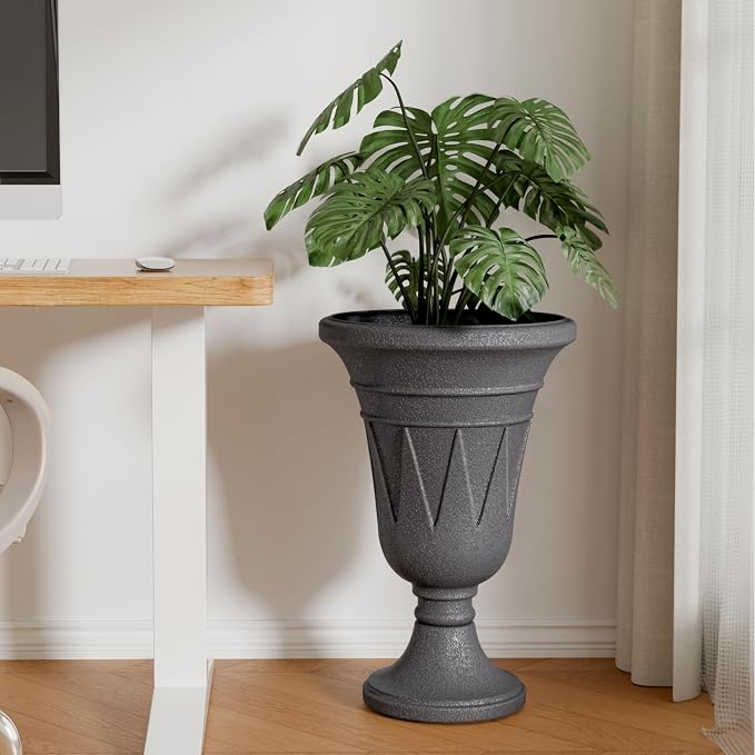 Tall Urn Planters for Outdoor Plants Set of 2-23.6" H Vintage Trophy Design Outdoor Planters for Porch Decor with Drainage Hole, Indoor Large Flower Pots, Pedestal Planter/Garden Vase, Gray