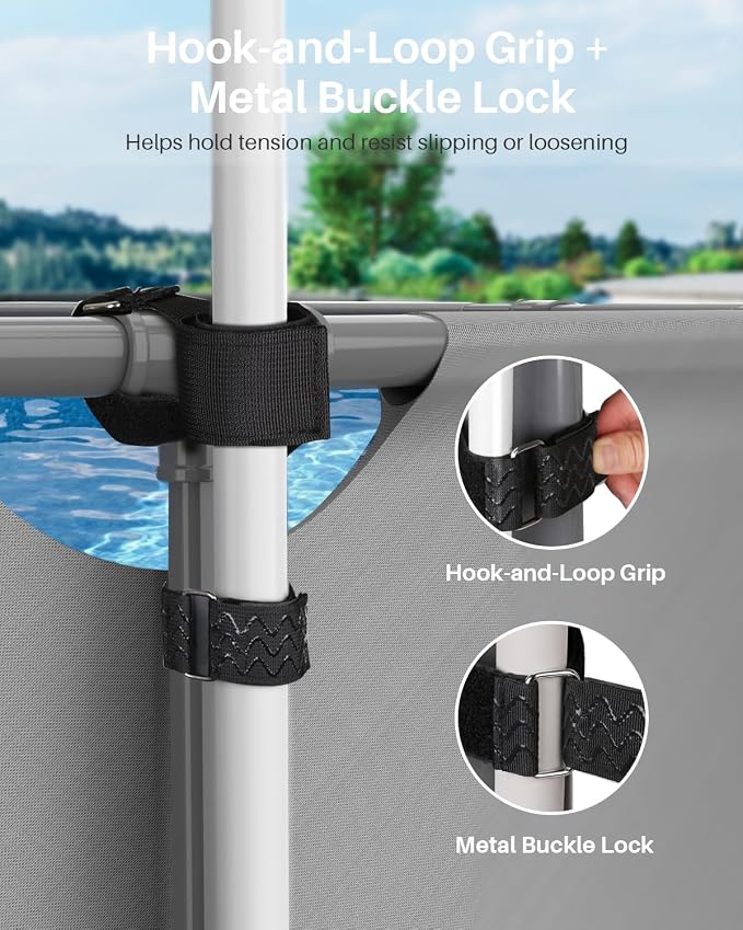 No-Drill Above-Ground Pool Umbrella Tie-Down Straps, Cross-Stabilizer Strap Design, Helps Reduce Wobble & Lean on Pool Frame Rails, Suitable for Intex/Bestway Frame Pools and Most Swimming Pools