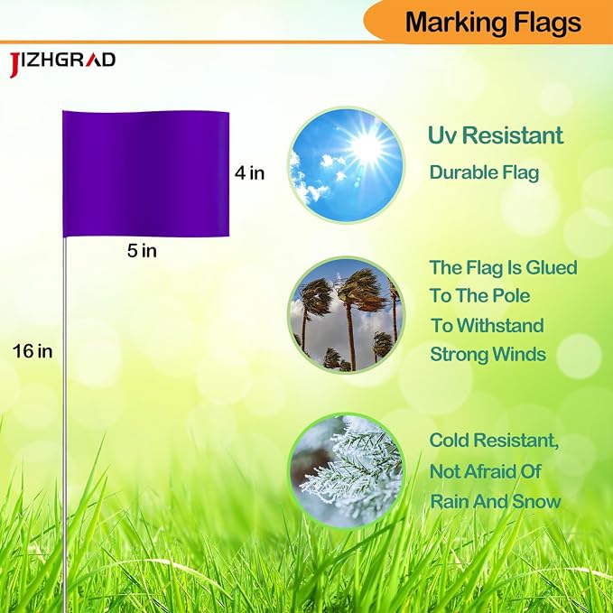 100Pack Purple Marking Flags, JIZHGRAD 16x4x5 Inch Marker Flags Use for Yard & Lawn, Boundary & Dog Training, Survey & Landscape, Sprinkler & Surveyor, Garden & Construction, High Visibility, Sturdy, Versatile, UV & Weather Resistant