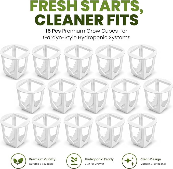 Dubbs Hardware 15-Pack Grow Cubes Compatible with Gardyn Hydroponic System - Reusable White PETG Pods for Indoor Gardening - Seed Starter Net Pots Custom Fit