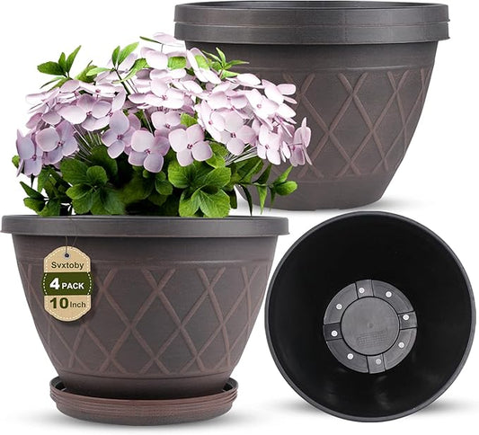 4 Pack 10 Inch Plant Pot, Planter Pots with Drainage Holes & Saucers, Modern Plaid Pattern Planters Garden Pots for Herbs, Decorative Plastic Flower Pots for Outdoor Indoor Home Plants (Brown)