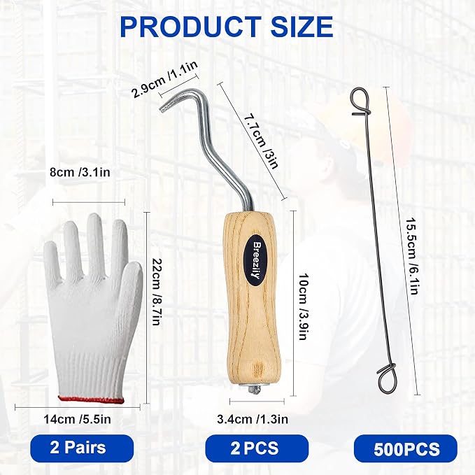 500pcs Rebar Wire Bar Ties, 6" Double Loop, 16 Gauge - Reinforcing Steel Bar Ties with Wooden Grip Handle for Concrete Construction,1 Gloves (500pcs with Wire Tie Twisters)