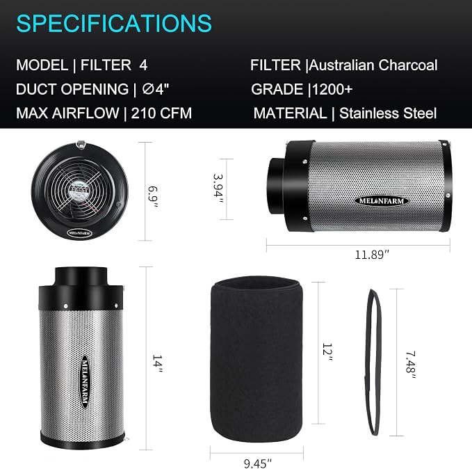 4 inch Air Carbon Filter Smelliness Control with Australia Virgin Charcoal, Built-in 14cm Fan Low Nois and Speed Controller, Smelliness Scrubber for Inline Duct Fan, Grow Tent 4" x 12.6"