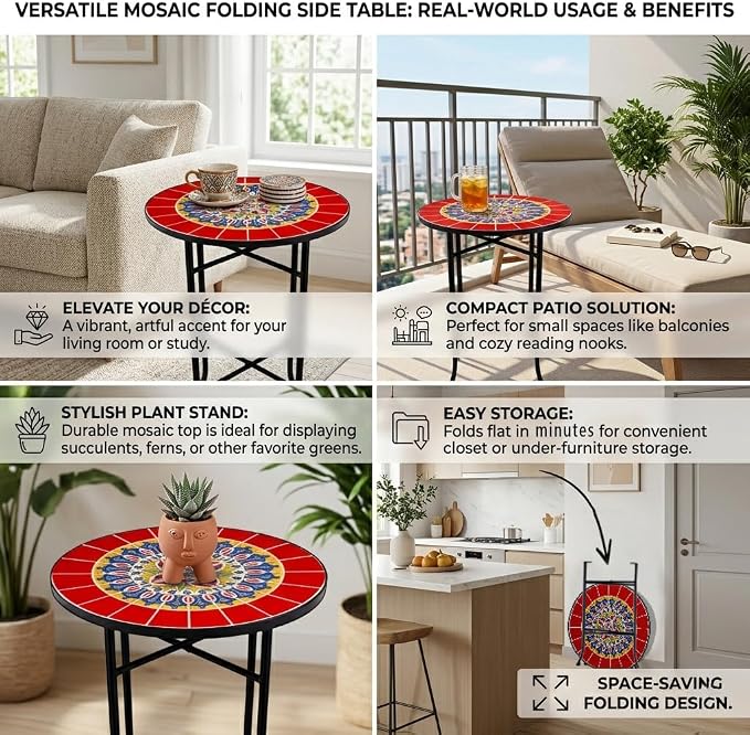 Mosaic Outdoor Side Table Small Round Patio Table Plant Stand | 21" Accent End Table with 14" Ceramic Tile Top for Small Spaces Porch Pool Garden Decor Indoor Living Room Bedroom Balcony
