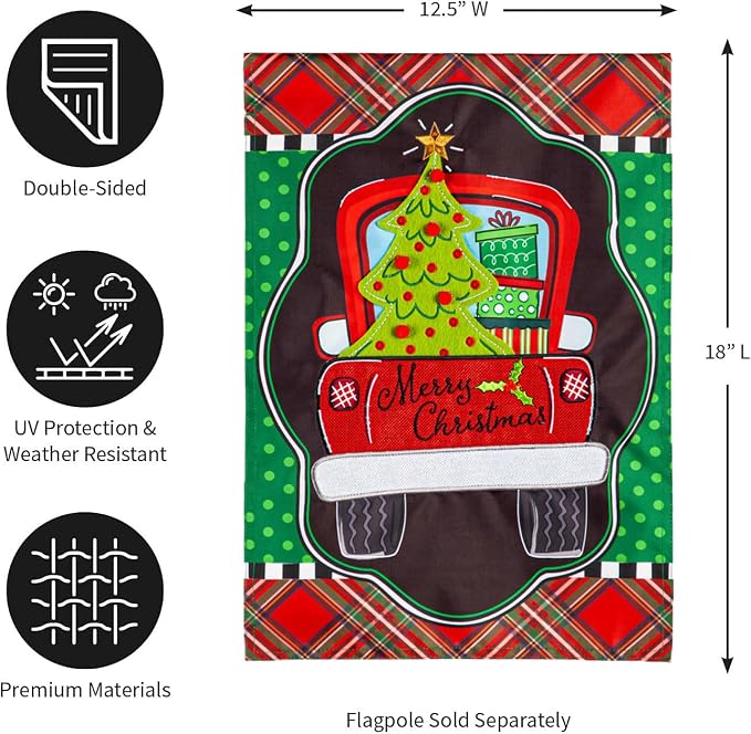 Evergreen Flag Patterned Christmas Truck Applique Garden Flag | 12x18 Inches Double Sided Christmas Garden Flag for Outside | Weather and Fade Resistant | Outdoor Flag Décor for Home, Yards and