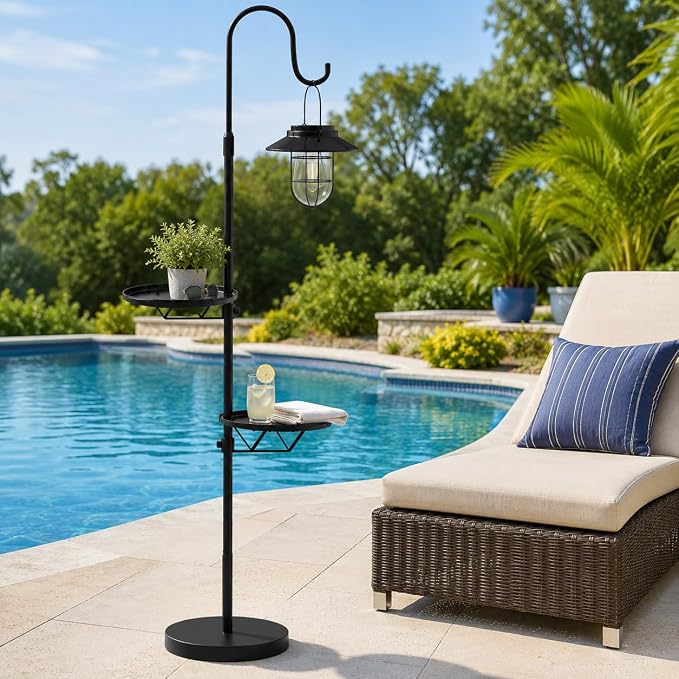 Candieslife 61" H Solar Lights Outdoor with Plant Stands - Metal Shepherd Hook Lantern, Waterproof Floor Lamp with Heavy Base for Patio Porch Deck Yard Garden Decor