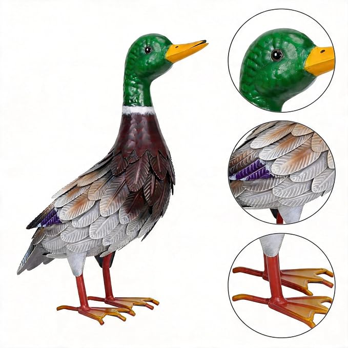 Shorayn Metal Duck Garden Statue, Life-Size Iron Mallard, Handmade Greenhead Duck Yard Decor, Indoor Outdoor Ornament, Gift for Housewarming/Mother’s Day/Christmas