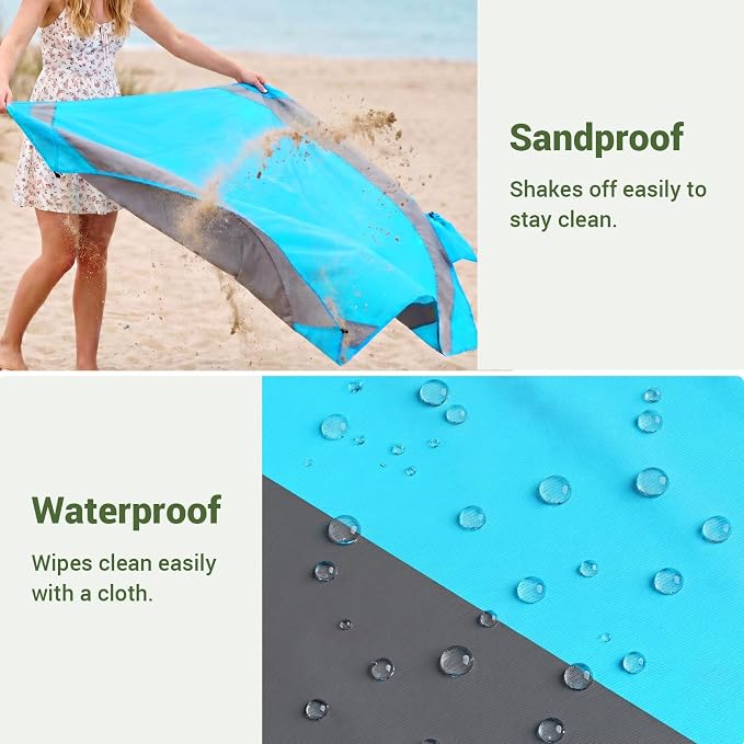 Wolfwise 108" × 120" XXL Beach Blanket, Waterproof & Sandproof Picnic Mat with 4 Sand Pockets & 4 Stakes, Windproof Outdoor Camping Beach Mat, Lightweight, Fits 8 People, Blue