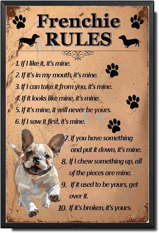 Metal Sign Tin Sign Vintage Wall Art Frenchie Rules Garden Sign for Room 8×12 Inches with Metal Frame