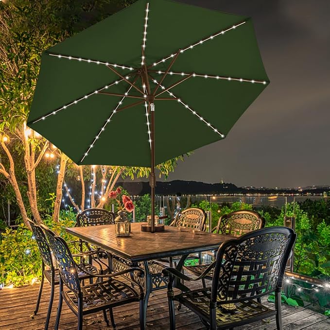 EliteShade USA 10-Year-Non-Fading 9ft Market Patio Umbrella, Commercial Grade Table Sun Umbrella with 80 Solar LED Lights, Crank Open, Windproof & UPF 50+ UV Protection for Garden, Deck, Pool, Backyard, Fern