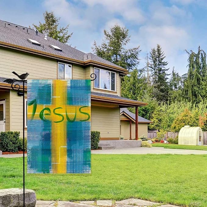 EMMTEEY Easter Garden Flag Double Sided 12.5X18 Inch Yard Decor Garden Flags Jesus Lettering Design Housewarming Modern Blue Yellow Outdoor Garden Flag