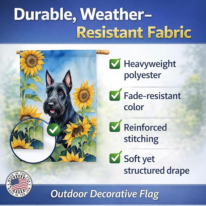 Caroline's Treasures DAC6158CHF Scottish Terrier in Sunflowers House Flag Large Porch Sleeve Pole Decorative Outside Yard Banner Artwork Wall Hanging, Polyester, House Size, Multicolor