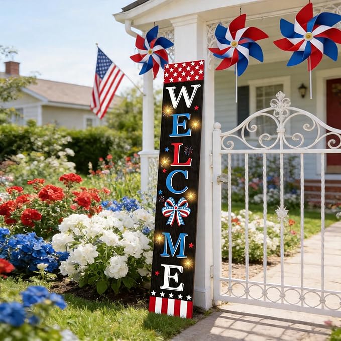 4th of July Welcome Sign with LED Lights, 47" Patriotic Wooden Door Porch Standing Decor Signs, Independence Day 250th Front Door Porch Decor, Memorial Day Home Yard Party Wall Hanging Decoration