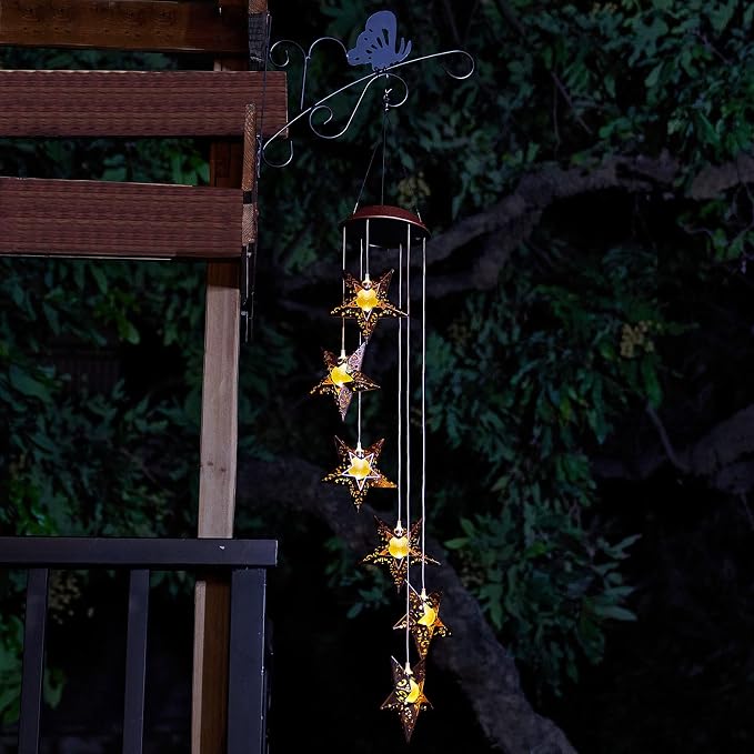 Tryme Solar Wind Chimes Star Wind Chime Warm LED Hanging Solar Lights Unique Garden Decor Memorial Thanksgiving Gifts for Mom Grandma Sister Home Party