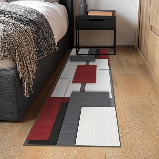Red and Black Runner Rug 2x6 for Hallway Geometric Mid Century Rugs | Washable Modern Abstract Rug Low Pile Non-Slip Long Carpet for Kitchen Bedroom Doorway Bathroom Laundry