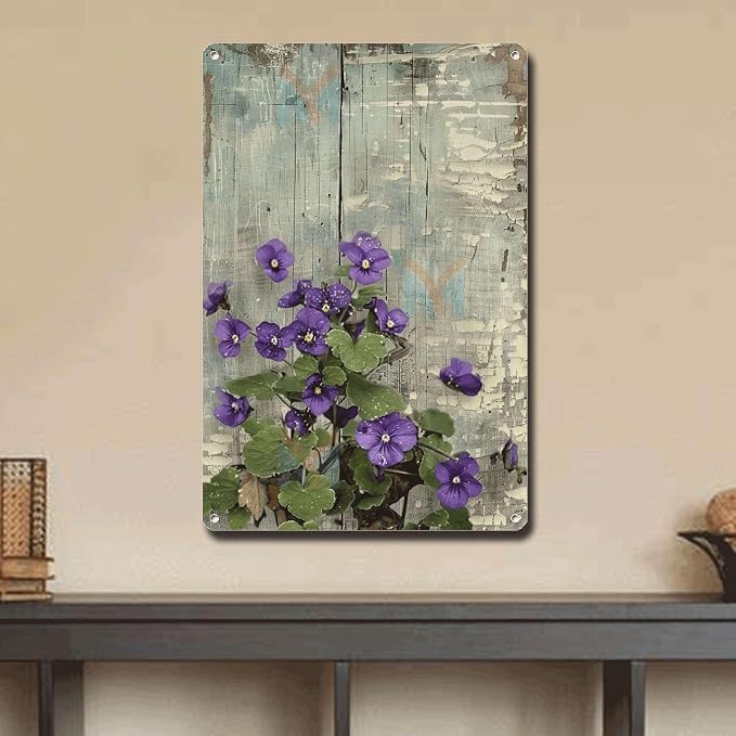 Metal Sign Tin Sign Vintage Wall Art Shabby Chic Violets Tin Sign for Antique Artistry Delicate Vintage Paintings and Distressed Wood Tin Sign Gift for Room 12×16 Inches