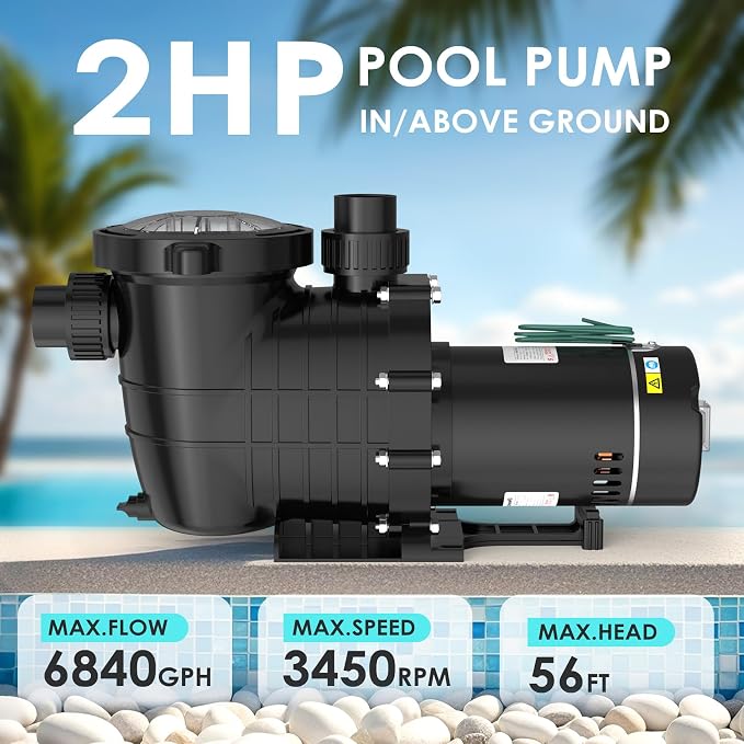 Seeutek 2HP Pool Pump for Above/In Ground Pools, 115V/230V 6840GPH | High Flow Energy Efficient Pure Copper Motor, 1.5", 2", and 1.25"-1.5" Connectors, Strainer Basket & Drain Plug, Self Priming
