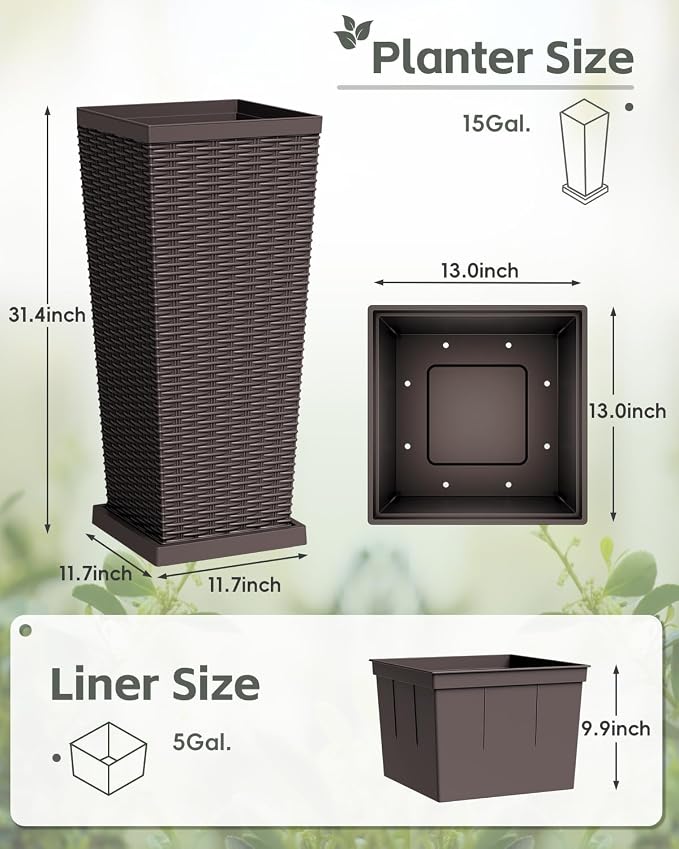 Greesum 30 Inch Tall Plastic Planters with Detachable Inner Pot & Drainage Holes (Set of 2), Extra Large Outdoor Flower Pots for Large Plants, Trees, Patio, and Garden, Brown
