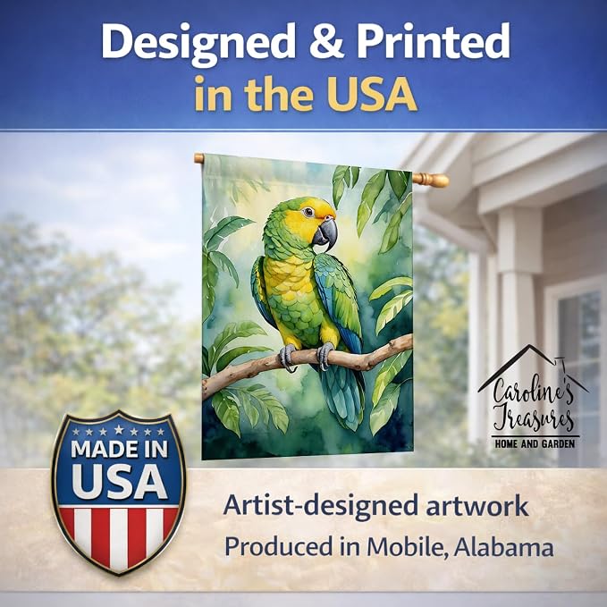 Caroline's Treasures Yellownaped Amazon Parrot House Flag Large Porch Sleeve Pole Decorative Outside Yard Banner Artwork Wall Hanging, Polyester, House Size, Multicolor