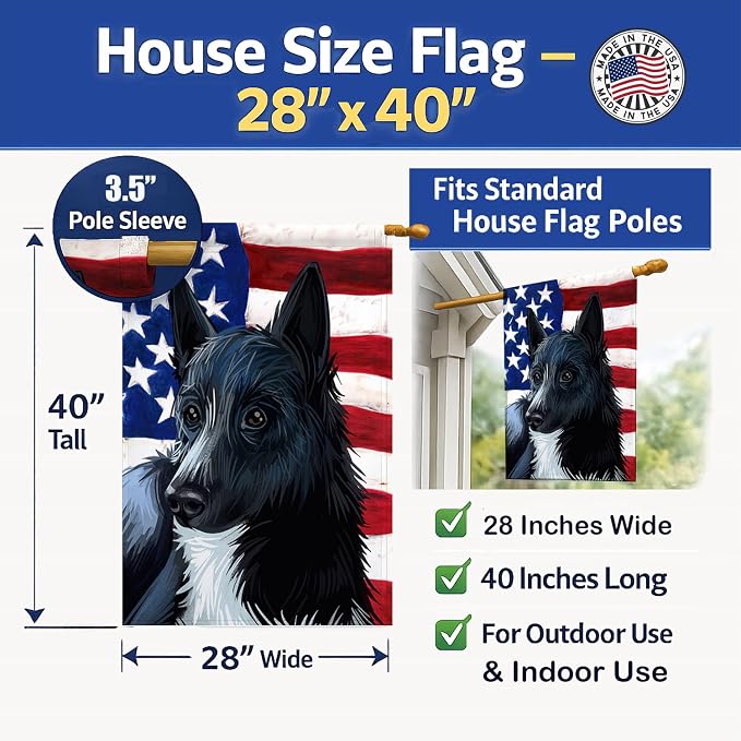 Caroline's Treasures CK6681CHF Russo-European Laika Dog American Flag House Flag Large Porch Sleeve Pole Decorative Outside Yard Banner Artwork Wall Hanging, Polyester, House Size, Multicolor