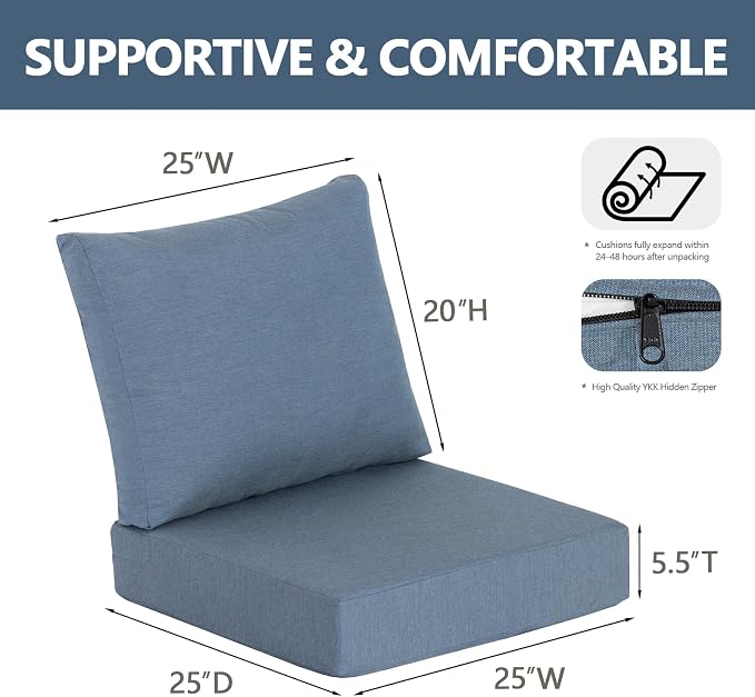 Goodgoods 25 x 25 Outdoor Patio Deep Seat Cushions 2-Pack, Fade-Resistant & Water-Resistant Furniture Chair Cushions with 35D High-Resilience Foam for Sofa, Spectrum Denim