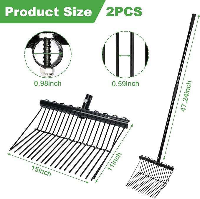 lukar 2 Sets Metal Manure Fork with Long Metal Handle, 18 Tines Manure Fork Head Horse Manure Rake, Heavy Duty Gardening Muck Rake for Picking Up Manure, Grass and Hay