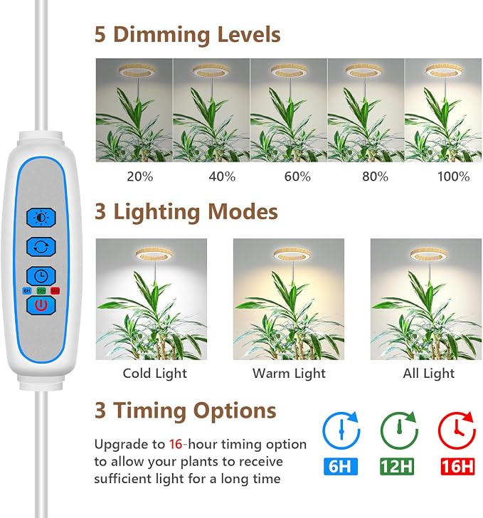 Aokrean Grow Lights for Indoor Plants, Full Spectrum Plant Lights for Indoor Growing with 6/12/16H Timer, 3 Optional Spectrums, 5 Brightness, Height Adjustable 10"-65" Wood Grain Growing Lamp
