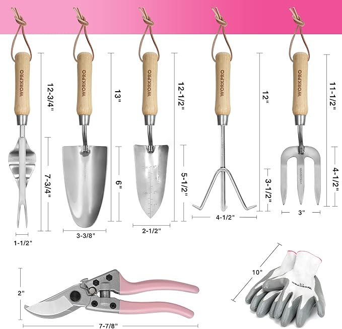 WORKPRO 8-Piece Pink Garden Tool Set, Stainless Steel Gardening Tools with Wood Handle, Including Garden Tote, Gloves, Trowel, Hand Weeder, Cultivator and More, Gardening Gifts for Women - Pink
