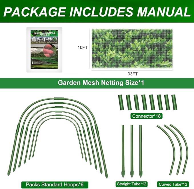 Garden Netting Kit, Garden Hoops 6Pcs 37.4" x 27.5" +10x33FT Garden Mesh Netting Barrier Bird Barrier Protection Net Vegetable Fruit Plant Cover