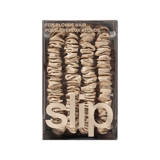 Slip Silk Hair Ties — Skinny Silk Blonde Scrunchies, No Damage, No Crease, Anti-Breakage |100% Mulberry Silk | All Hair Types | Made with Proprietary Slipsilk™ | Set of 4