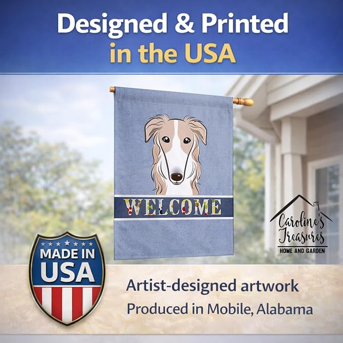 Caroline's Treasures BB1414CHF Borzoi Welcome House Flag, Blue Large Porch Sleeve Pole Decorative Outside Yard Banner Artwork Wall Hanging, Polyester, House Size, Multicolor