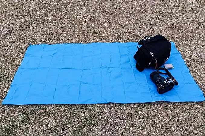 Orga'Neat Pocket Picnic Blanket, Beach Mat Waterproof Sandproof, Compact Lightweight Small Tarp for Camping, Hiking, Backpacking, Festival, Travel, Foldable in Bags (Blue/Grey, 55"x60")