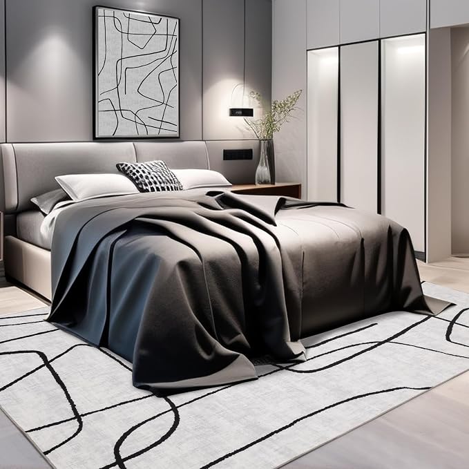8x10 Washable Modern Abstract Black White Area Rug | Ultra-Thin Low Pile, Non-Slip TPE Backing, Soft Stain Resistant, Machine Washable, for Bedroom Livingroom High Traffic