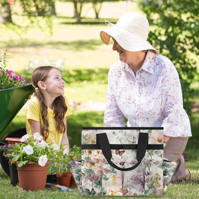 Garden Tote Bag with 10 Pockets Butterfly Heavy Duty Gardening Bags for Tools Organizer Storage Bag with Handle for Garden Lawn Yard Casual