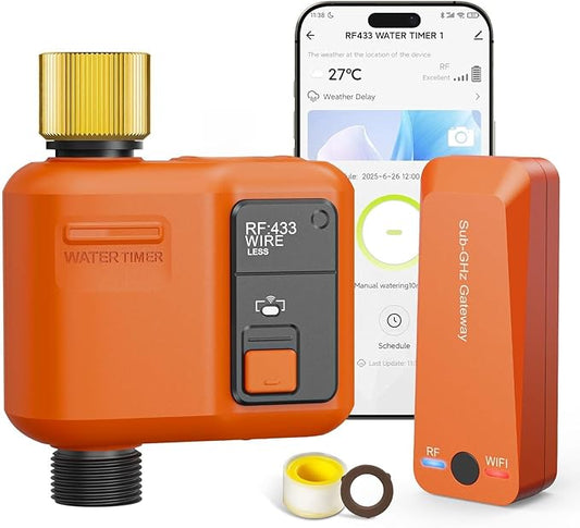 WiFi Water Timer for Garden Hose, Smart Sprinkler Timer with 984ft Long Range, Strong Wall Penetration, APP & Remote Control, Voice Control, Rain Delay, Manual Mode, Watering System (1 Outlet)