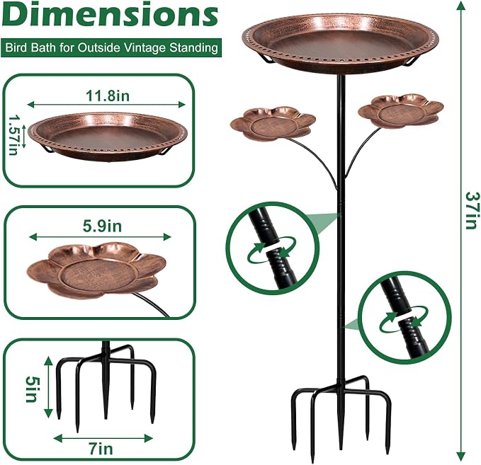 37In Metal Bird Bath for Outside, Vintage Standing Birdbaths with 2 Detachable Flower Feeders, Large Bird Bath Bowl Bird Feeder for Garden Patio Yard,Upgraded 5-Pronged Base (Antique Bronze)