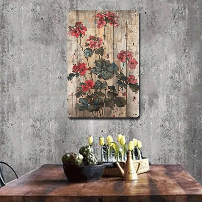 Metal Sign Tin Sign Vintage Wall Art Rustic Garden Pelargoniums Tin Sign for Vintage Wall Art Shabby Chic Gardens and Distressed Wood Boho Office Decor for Home Decor 6×8 Inches