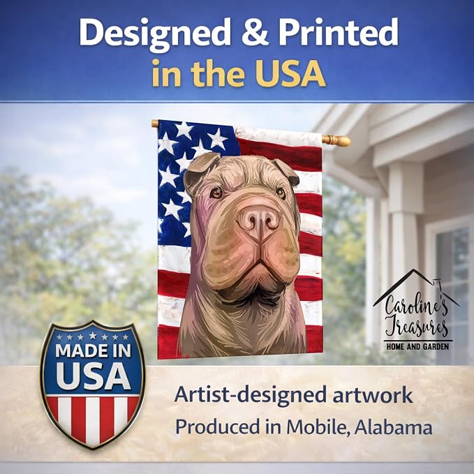 Caroline's Treasures CK6702CHF Shar Pei Dog American Flag House Flag Large Porch Sleeve Pole Decorative Outside Yard Banner Artwork Wall Hanging, Polyester, House Size, Multicolor