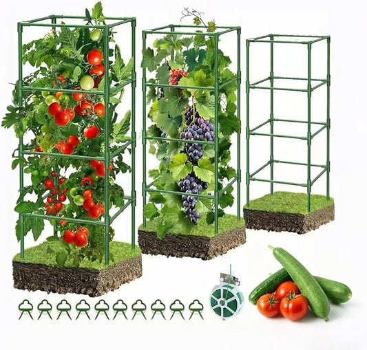 3 Pack Tomato Cages, 42 Inch Heavy Duty Metal Square Tomato Cage for Raised Garden Bed, Rust-Proof Sturdy Tall Tomato Trellis Supports for Climbing Plants Outdoor with Clips Wire