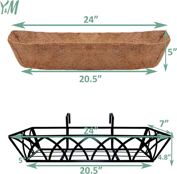Y&M 4pcs 24 Inch Planter, Metal Window Boxes with Coco Liner, Indoor Outdoor Hanging Flower Planter for Garden, Lawn, Balcony, Porch, Fence, Patio Rail