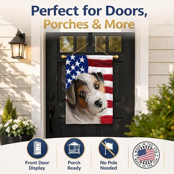 Caroline's Treasures CK6637CHF Parson Russell Terrier American Flag House Flag Large Porch Sleeve Pole Decorative Outside Yard Banner Artwork Wall Hanging, Polyester, House Size, Multicolor