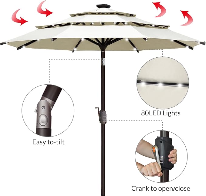 EliteShade USA 10-Year-Non-Fading 9ft 3-Tier Market Patio Umbrella, Commercial Table Umbrella with 80 Solar LED Lights, Crank Open, Windproof & UPF 50+ UV Protection for Garden, Deck, Pool, Backyard, Natural