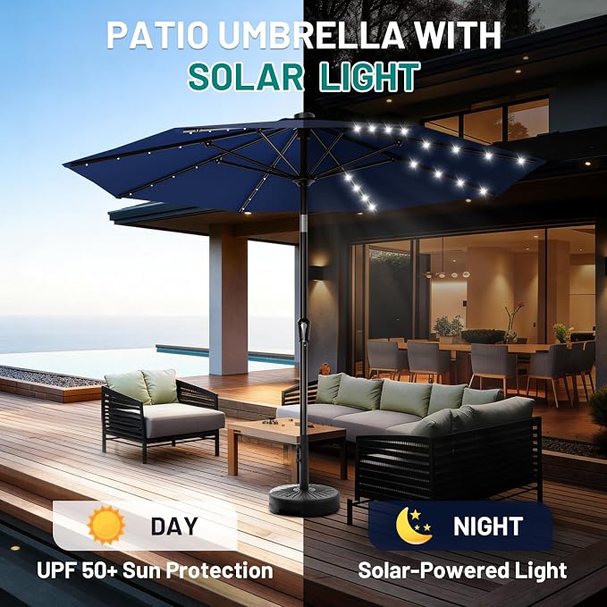 AreShark 9FT Patio Umbrella with Solar Lights, 32 Lighted Pool Umbrella w/Tilt and Crank, Outdoor Market Solar Umbrellas for Garden, Deck, Backyard, Pool and Beach, Navy