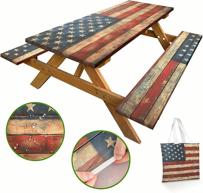 American Flag Picnic Table Cover with Bench Covers and Carrying Bag, Wooden Planks Texture Rectangle Table Cover, Outdoor Patio Camping Essentials 6FT 4PCS, Camping Fitted Tablecloth