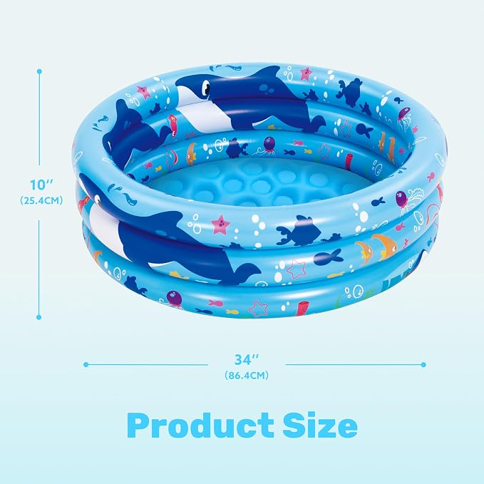 Sloosh Inflatable Kiddie Pool, 34"x10" Blow Up Kid Swimming Pool, 3 Rings Blue Baby Pool for Toddler, Play Pit for Dog with Ocean Whale Pattern for Summer Water Party Backyard Garden(Whale)